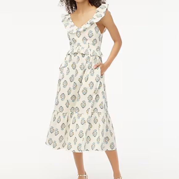 NWT J.Crew Factory V-neck ruffle midi dress Ivory Antique Navy SZ 14 - Picture 3 of 7